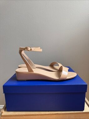 Stuart Weitzman Beige Patent Ankle-Strap Wedge Sandals